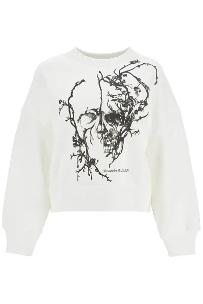 Alexander Mcqueen Boxy Cherry Blossom Skull Sweat In Bianco