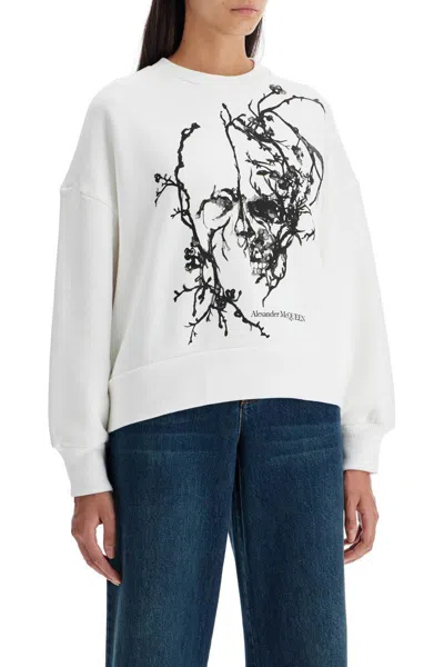 Alexander Mcqueen Boxy Cherry Blossom Skull Sweat In Bianco