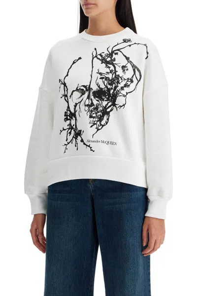 Alexander Mcqueen Boxy Cherry Blossom Skull Sweat In Bianco