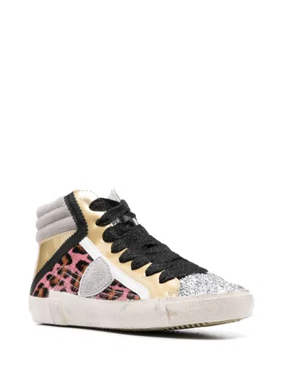 Shop Philippe Model High-top 'prsx' Leather Sneakers With Leopard Print In Multicolour