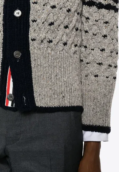 Shop Thom Browne 4-bar Stripes Cable Knit Cardigan In Gray