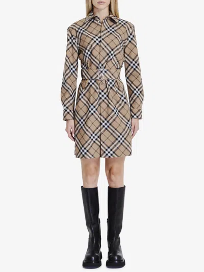 Burberry Chemisier Cotton Short Dress With Check Print In Nude
