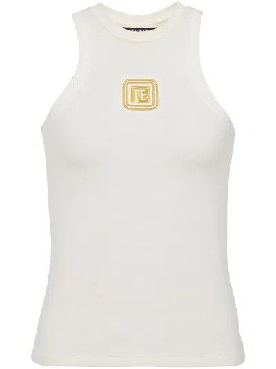 Balmain Beige Embroidered Logo Cotton Blend Top