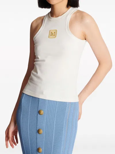 Balmain Beige Embroidered Logo Cotton Blend Top