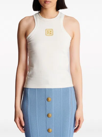 Balmain Beige Embroidered Logo Cotton Blend Top