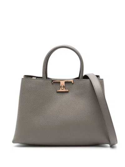 Shop Tod's T Timeless Small Leather Tote In Dove Grey