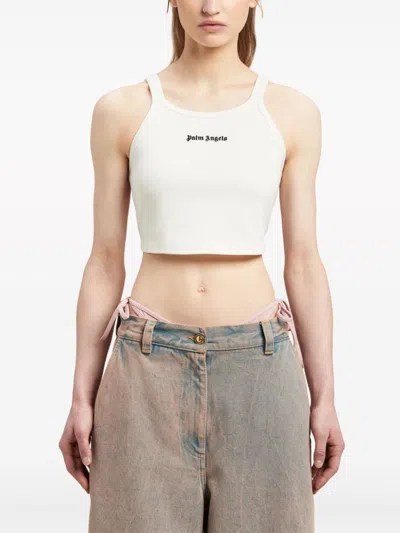 Palm Angels White Cropped Tank Top With Embroidered Logo In Cotton Woman