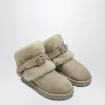 Burberry Suede Shearling Snow Boots With Buckle Detail In Gray