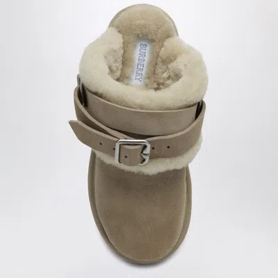 Burberry Buckle Fastening Shearling Suede Mules In Nude