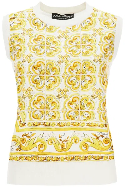 Shop Dolce & Gabbana Top Smanicato In Seta Stampa Maiolica In White