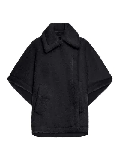 Max Mara Relaxed Black Coat With Plush Texture And Wide Collar In Black