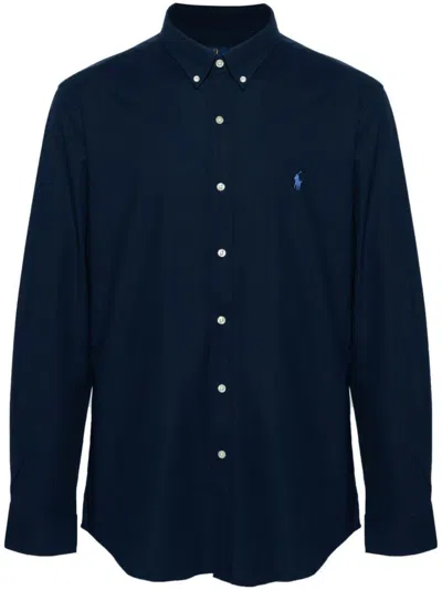 Polo Ralph Lauren Blue Shirt With Button-down Collar And Pony Embroidery On The Front In Blue