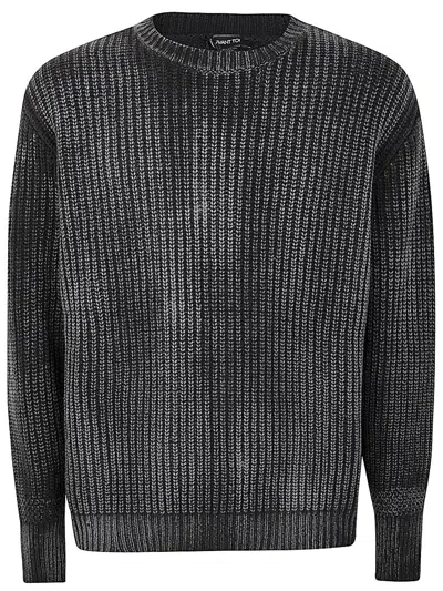Avant Toi Tonal Effect Ribbed Round Neck Pullover In Cashmere And Wool With Cut Edges In Black