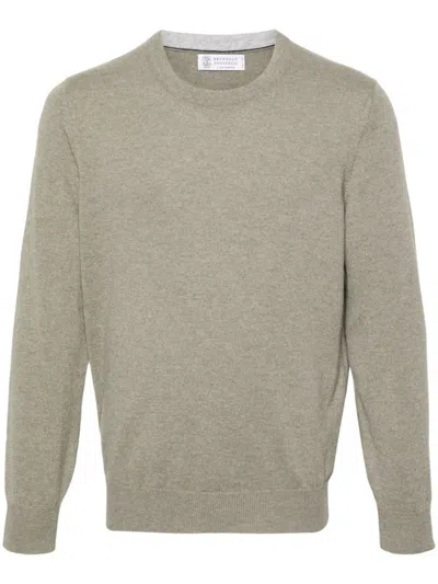 Brunello Cucinelli Cashmere Crew Neck Sweater With Contrasting Edge In Green