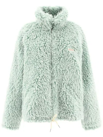 Marni Long Pile Shaggy Faux Fur Hooded Jacket Blue In Green