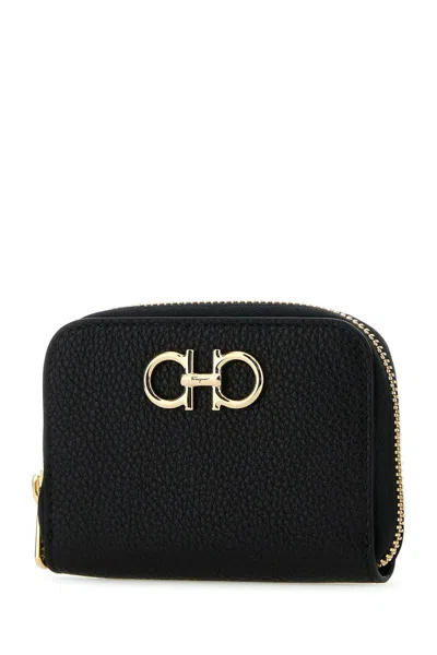 Ferragamo Black Coin Purse With Gancino Logo In Hammered Leaher Woman In Black Black
