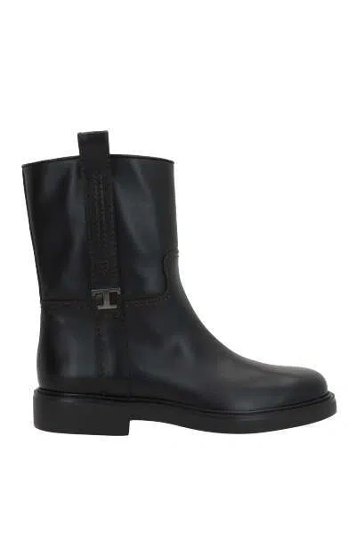 Tod's Refined Black Leather Ankle Boots With Block Heel In Black