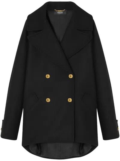 Versace Wool Cloth Double Breast Peacoat With Golden-effect Buttons In Black
