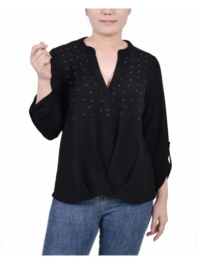 Ny Collection Petite 3/4 Sleeve Mandarin Collar Blouse With Front Pleats In Black