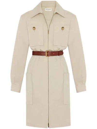 Saint Laurent Saharienne Belted Cotton Dress In Nude & Neutrals