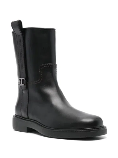 Tod's Refined Black Leather Ankle Boots With Block Heel In Black