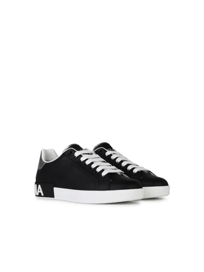 Dolce & Gabbana Portofino Sneakers In Black Leather With Silver Inserts