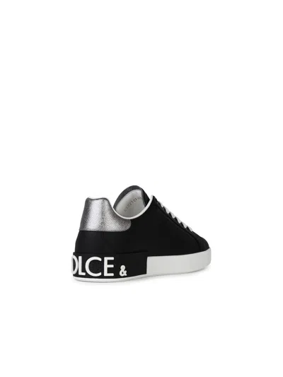 Dolce & Gabbana Portofino Sneakers In Black Leather With Silver Inserts