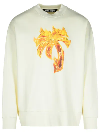 Palm Angels White Crewneck Sweatshirt With Burning Logo Print In Cotton Man