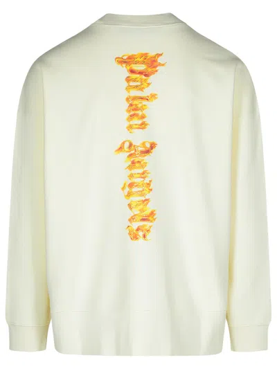 Palm Angels White Crewneck Sweatshirt With Burning Logo Print In Cotton Man