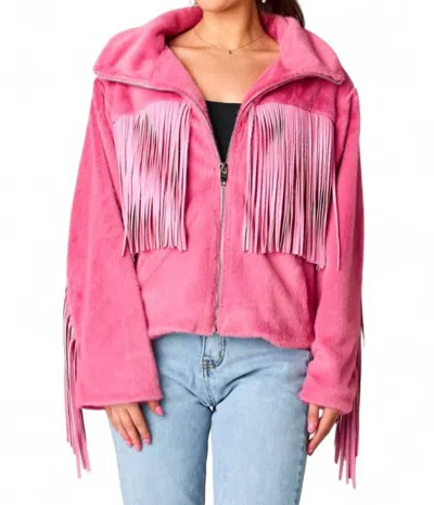 Buddylove Skylar Fringe Faux Fur Jacket In Hot Pink In Pink