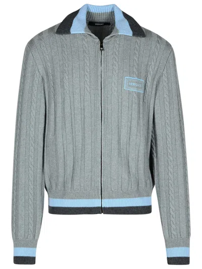 Versace Virgin Wool Cable Knit Cardigan With Zip Closure