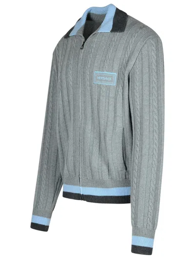 Versace Virgin Wool Cable Knit Cardigan With Zip Closure