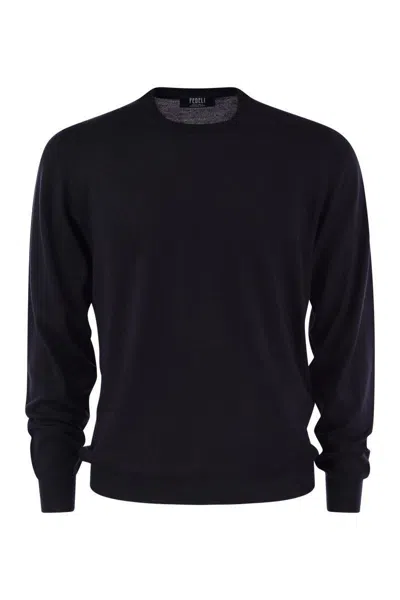 Fedeli Man Black Cashmere Pullover With Round-neck In Night Blue