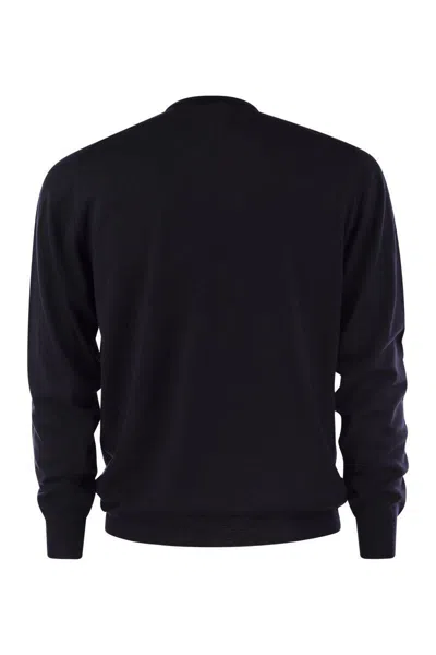 Fedeli Man Black Cashmere Pullover With Round-neck In Night Blue