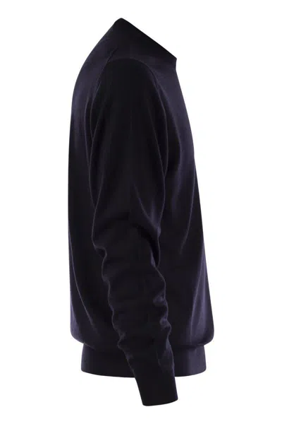 Fedeli Man Black Cashmere Pullover With Round-neck In Night Blue