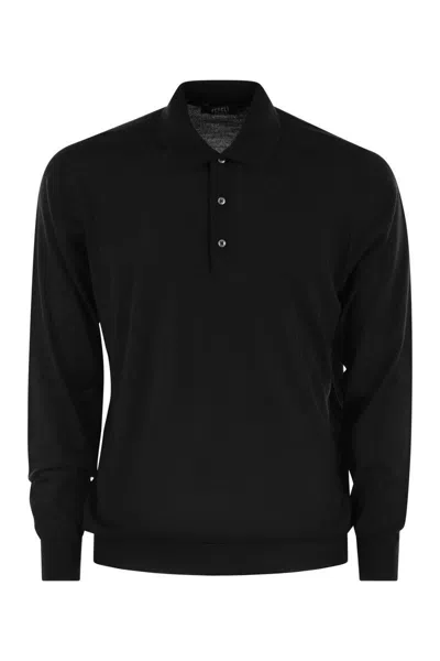 Fedeli Three-button Virgin Wool Polo Shirt In Black