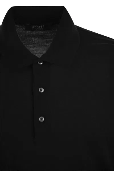 Fedeli Three-button Virgin Wool Polo Shirt In Black