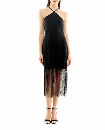 Nicole Miller Sylvie Stretch Crepe Fringed Sheath Dress In Very Black In Black
