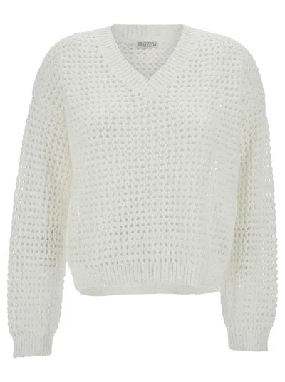 Shop Brunello Cucinelli White Pullover With V Neckline In Open-work Knit Woman