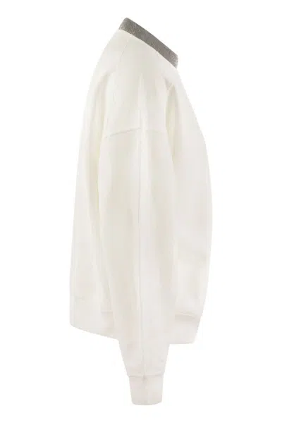 Shop Brunello Cucinelli Smooth Cotton Fleece Topwear With Ribbed Collar Precious In White