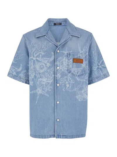 Versace Light Blue Barocco Shirt With Barocco Sea Print
