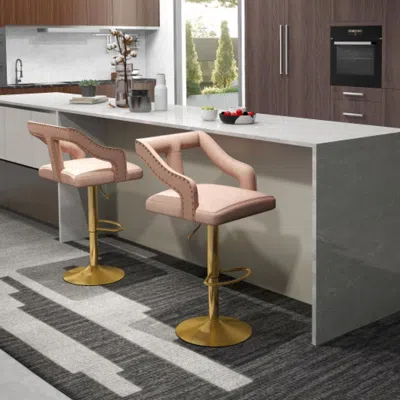 Hivvago Set Of 2 Bar Chairs With Footrest And 2-layer Electroplated Metal Base-pink