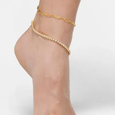 Adornia 14k Gold Plated 10" Tennis And Paperclip Chain Anklet Set Gold In Gold