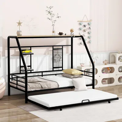 Simplie Fun Twin Size Metal House Bed With Trundle, Black