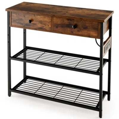 Hivvago Narrow Console Table With 2 Drawers And 2 Metal Mesh Shelves-rustic Brown