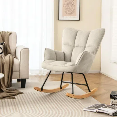 Hivvago Linen Nursery Rocking Chair With High Backrest And Padded Armrests-white