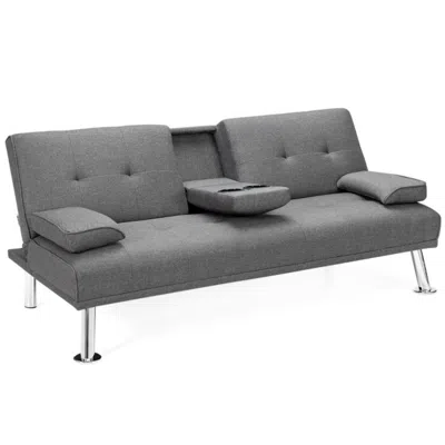 Hivvago Convertible Folding Futon Sofa Bed Fabric With 2 Cup Holders-light Gray