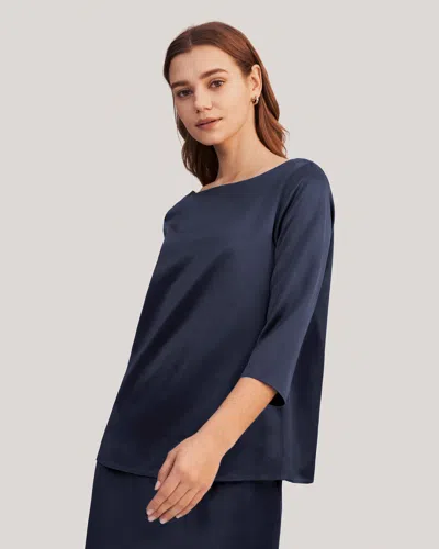 Lilysil 3/4 Sleeve Boat Neck Silk Blouse For Women In Blue