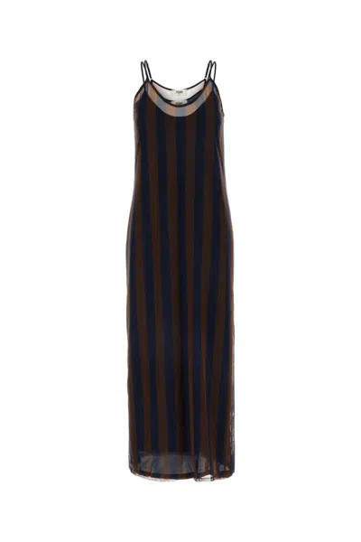 Fendi Sheer Overlay Midi Length Slip Dress In Stripped