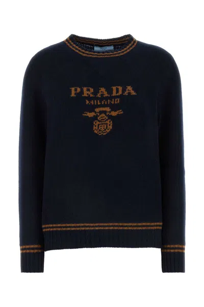 Prada Blue Cashmere Blend Sweater With Logo In Blue